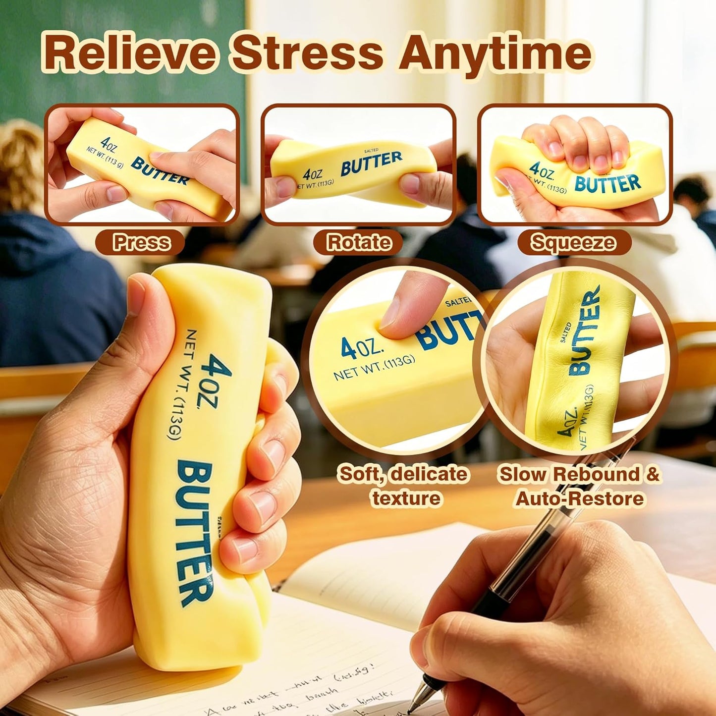 2 Pcs Butter Squishy - 2026 New Upgraded Slow Rising Squishy Butter Squeeze Toy,Realistic Bread Style Sensory Fidget for Desk, Anxiety Relief Fun Gift for Adults (Yellow)
